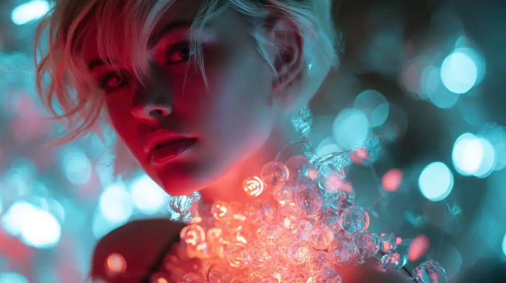 Nahaufnahme eines virtuellen Influencers mit gläsernem Lichtschmuck und futuristischem Bokeh