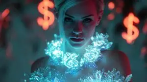 Virtuellen Influencer mit leuchtendem Avatar-Look und Dollar-Symbolen im Hintergrund