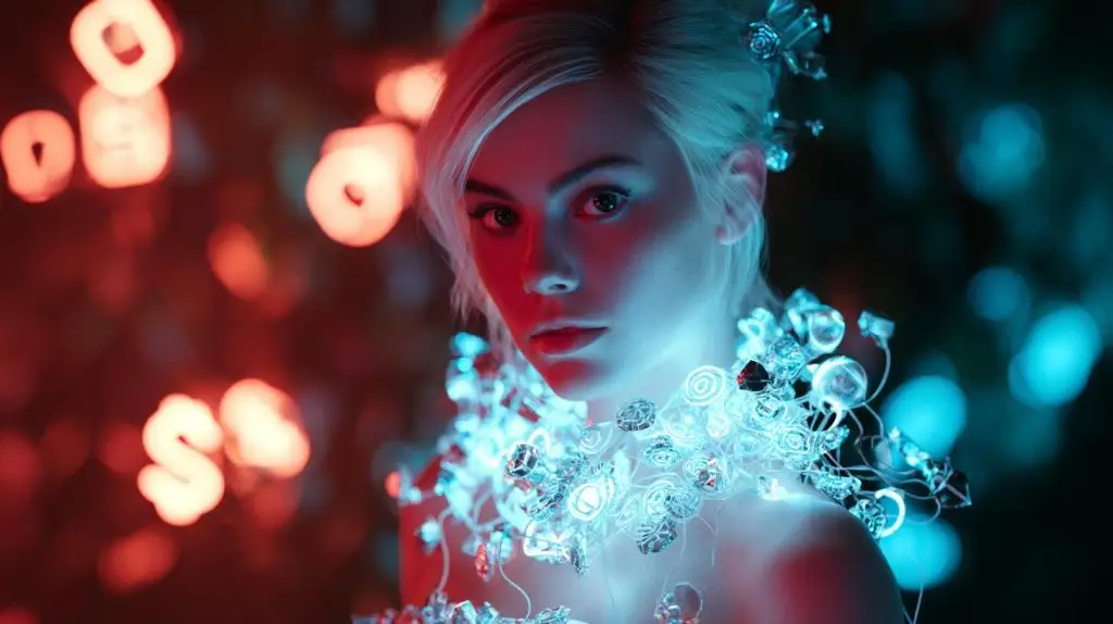 Virtueller Influencer mit kristallartigem Lichtdesign vor leuchtendem Symbolhintergrund