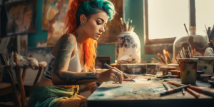 Eine engagierte Künstlerin, vertieft in ihren kreativen Prozess, malt mit leuchtenden Farben auf einer großen Leinwand. Ihre Pinsel und Farbpalette sind ein Symbol für die vielfältigen Werkzeuge und Techniken, die beim Erstellen inspirierender Social-Media-Inhalte zur Verfügung stehen. Content Creation 2025