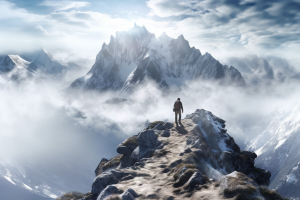 Ein Mann erklommen eisige Höhen, während er stolz den Gipfel erreicht. Seine Entschlossenheit und Ausdauer spiegeln sich in seinem Gesicht wider, während er triumphierend die Arme ausstreckt. Dieses Bild symbolisiert den Erfolg und die Erreichung neuer Höhen, die auch dein Unternehmen mit unserer innovativen Social Media Agentur erreichen kann.