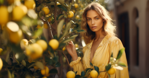 Eine Frau neben einem Zitronenbaum der so spritzig ist wie die neue Social Media Plattform Lemon8.