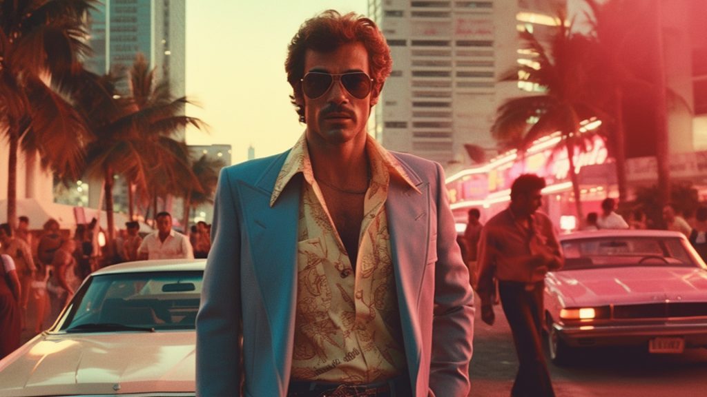 Moderne Krimi-Drama Szene im Miami-Vice-Stil, 1984, mit Neon-Skyline und klassischem Sportwagen, dargestellt im Kontext von Pillar Content.