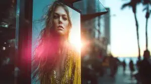 Porträt einer Frau auf einer digitalen Werbefläche im Sonnenuntergang – visuelle Trends für Social Media 2025