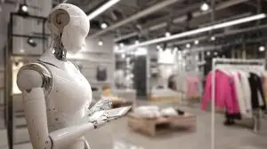 Humanoider Roboter bedient Tablet in Modeboutique – Symbol für AI SEO und kontextbasierte Produktempfehlungen