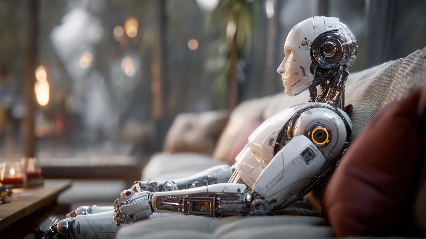 Humanoider Roboter sitzt nachdenklich auf Sofa – Metapher für AI SEO, Nutzerintention und semantische Analyse