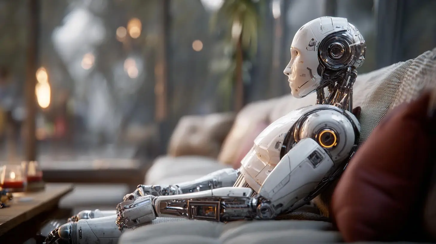 Humanoider Roboter sitzt nachdenklich auf Sofa – Metapher für AI SEO, Nutzerintention und semantische Analyse