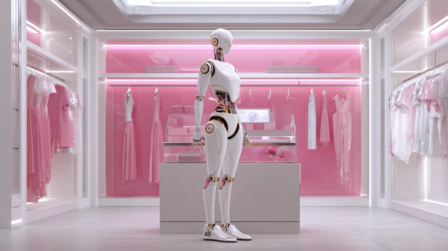 Humanoider Roboter in pinker Boutique – Visualisierung von AI SEO, Entitäten und kuratierten Produktempfehlungen