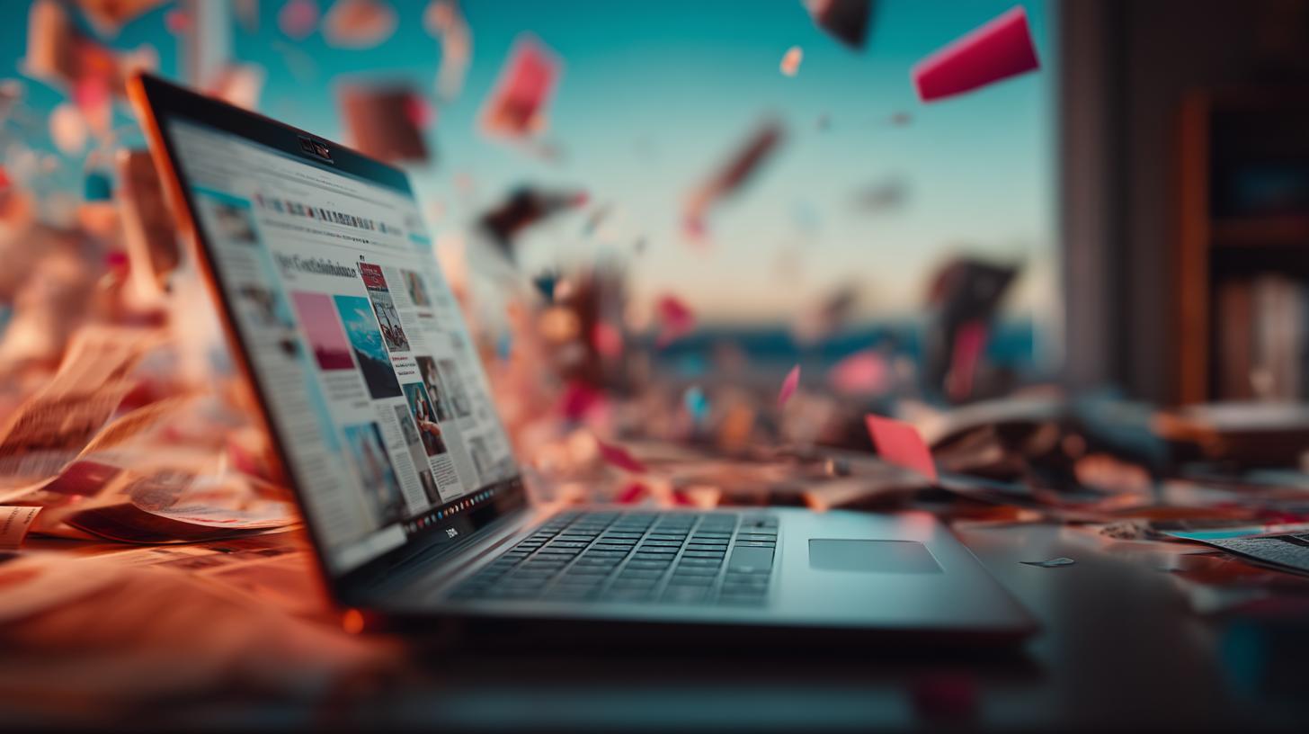  Laptop mit Nachrichten-Webseite und fliegenden Zeitungen zum Google News Update 2025.