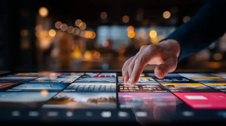 Hand steuert digitale Inhalte auf Touchscreen als Teil einer Content-Gap-Strategie