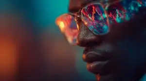 Close-up einer reflektierenden Brille mit Datenvisualisierung – Symbol für Google Perspective Update 2025.