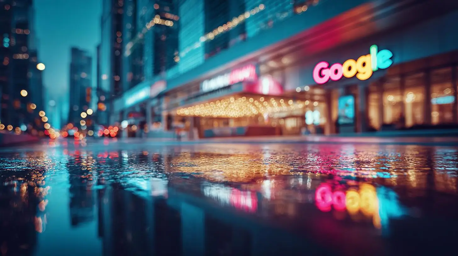 Nachtaufnahme einer Stadt mit Google-Logo – Sinnbild für den Wandel durch das Google Perspective Update 2025.