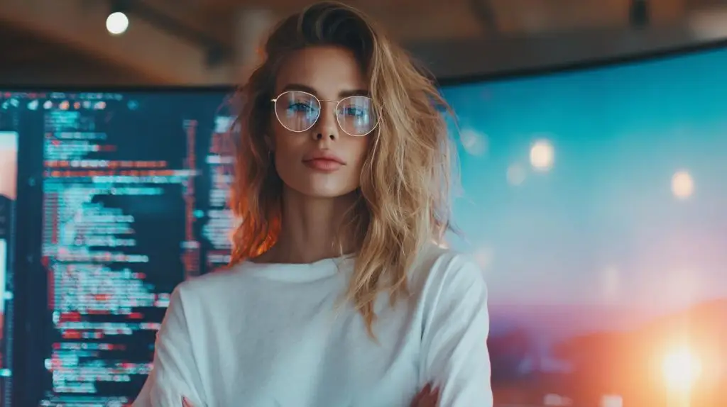 Marketingexpertin vor Bildschirm mit Datenvisualisierung im violett-türkisen Look – Kompetenz für Google Web Stories