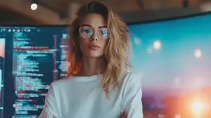 Marketingexpertin vor Bildschirm mit Datenvisualisierung im violett-türkisen Look – Kompetenz für Google Web Stories