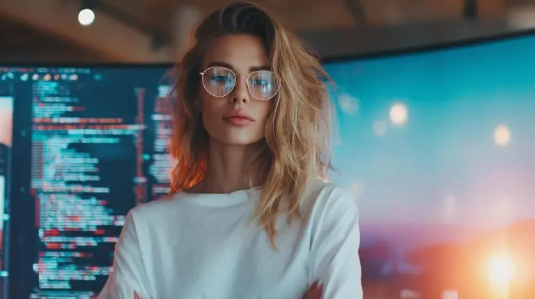 Marketingexpertin vor Bildschirm mit Datenvisualisierung im violett-türkisen Look – Kompetenz für Google Web Stories
