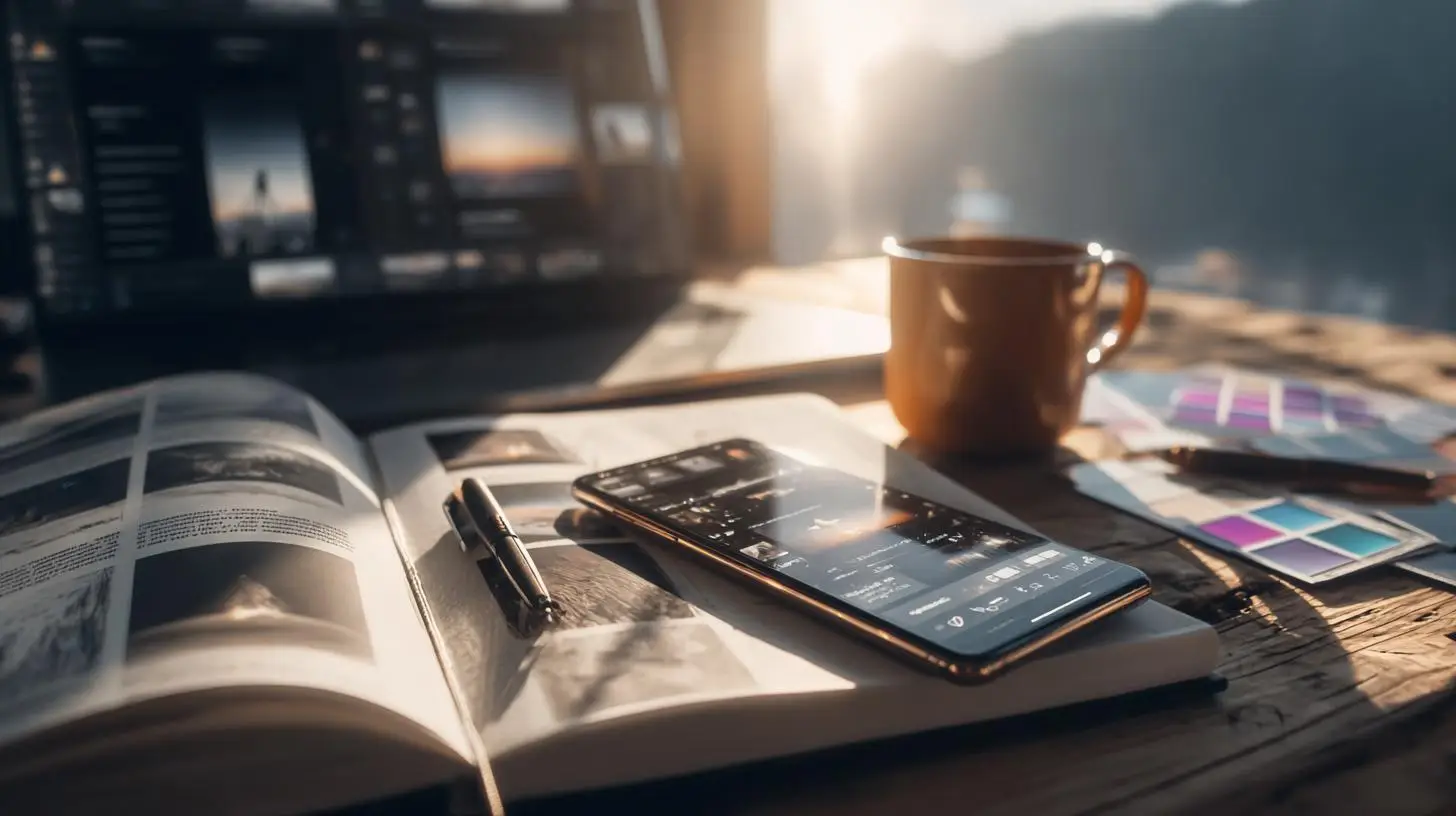 Kreativ-Workspace mit Smartphone und Farbkarten bei der Produktion von Google Web Stories im Golden-Hour-Licht