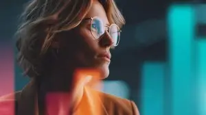 Informationsarchitektur 2026 Portrait einer fokussierten Frau vor Datenvisualisierung