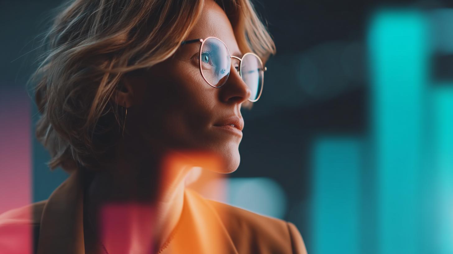 Informationsarchitektur 2026 Portrait einer fokussierten Frau vor Datenvisualisierung