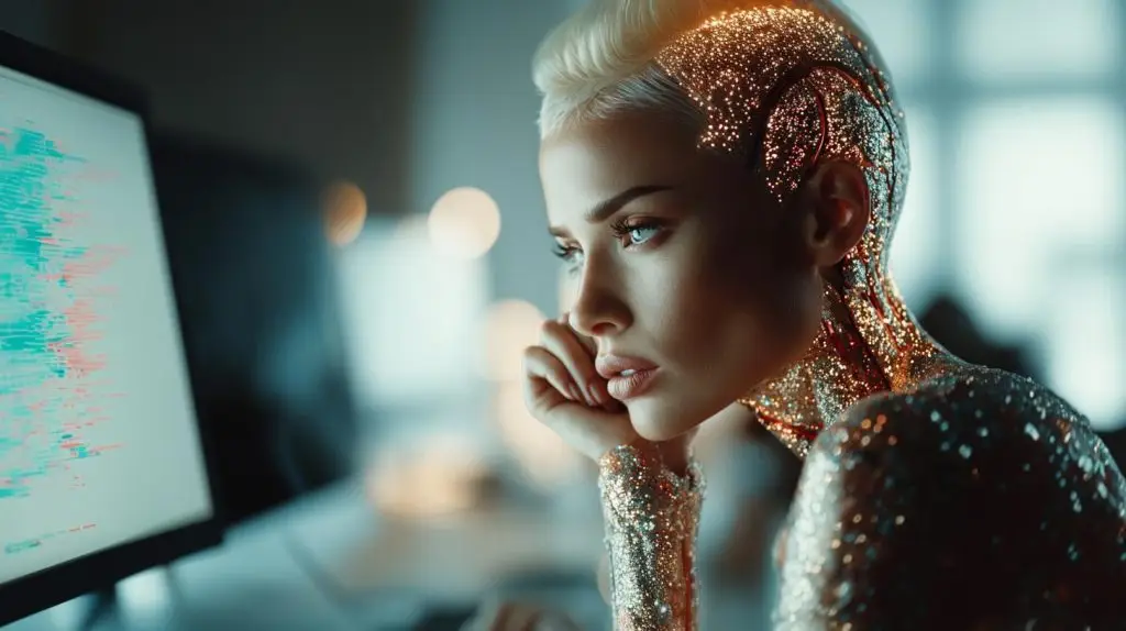 Futuristische KI Frau analysiert Code zu n8n 2.0 Workflows