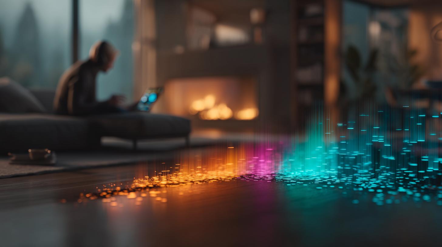 Person im Wohnzimmer mit aufsteigenden digitalen Datenmustern als Metapher für die User Journey 2026