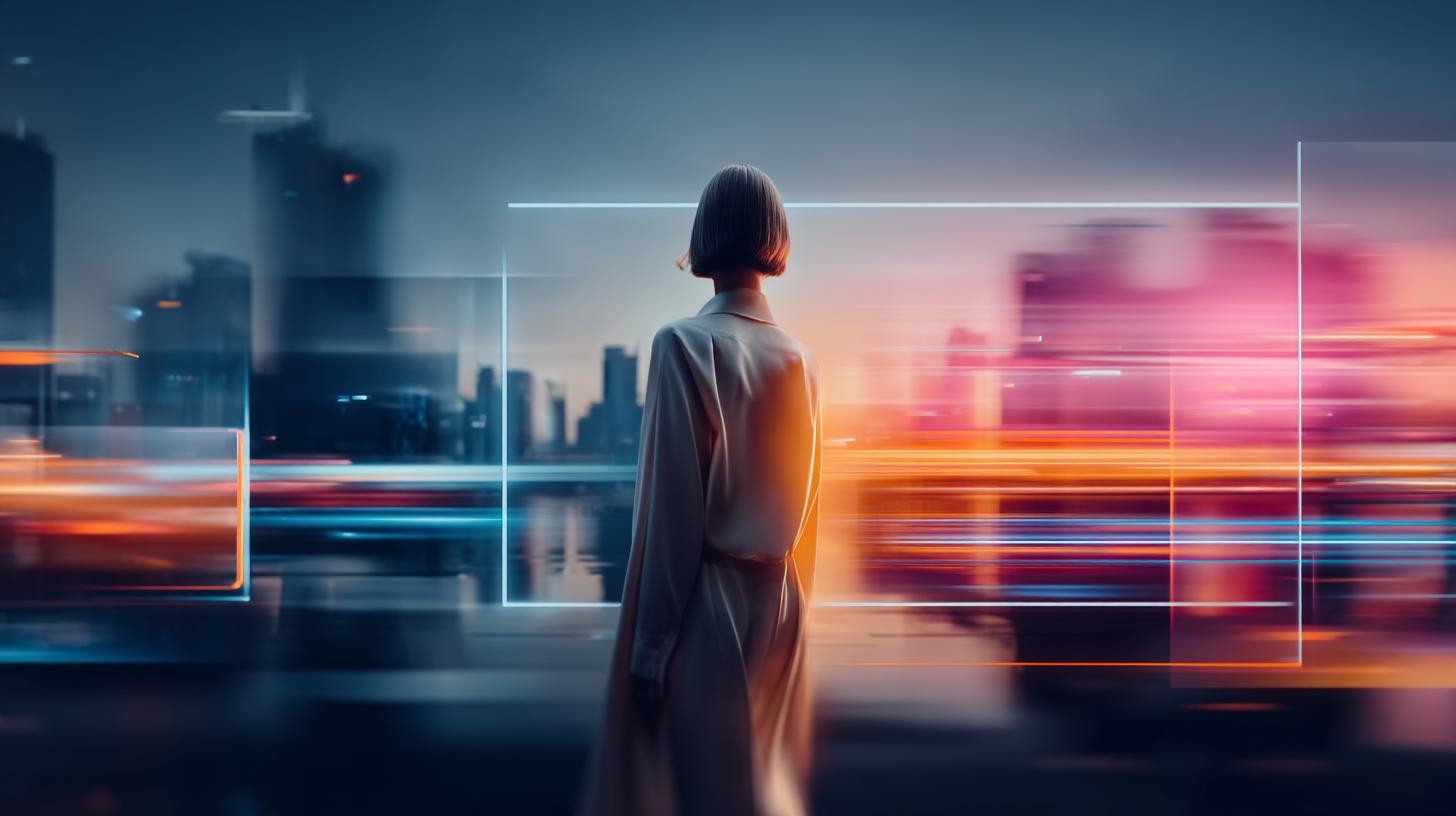 Person blickt auf futuristische Stadt mit dynamischen Daten-Lichteffekten als Symbol der User Journey 2026