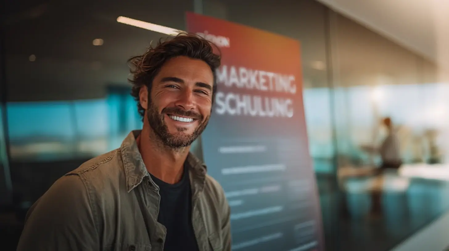 Über 14 Jahre Social Media Marketing bei CremerMedia, Trainer mit Marketing Schulung Hinweis im Hintergrund, Know how durch IHK Abschlüsse und Trainings bei Google, LinkedIn und Meta