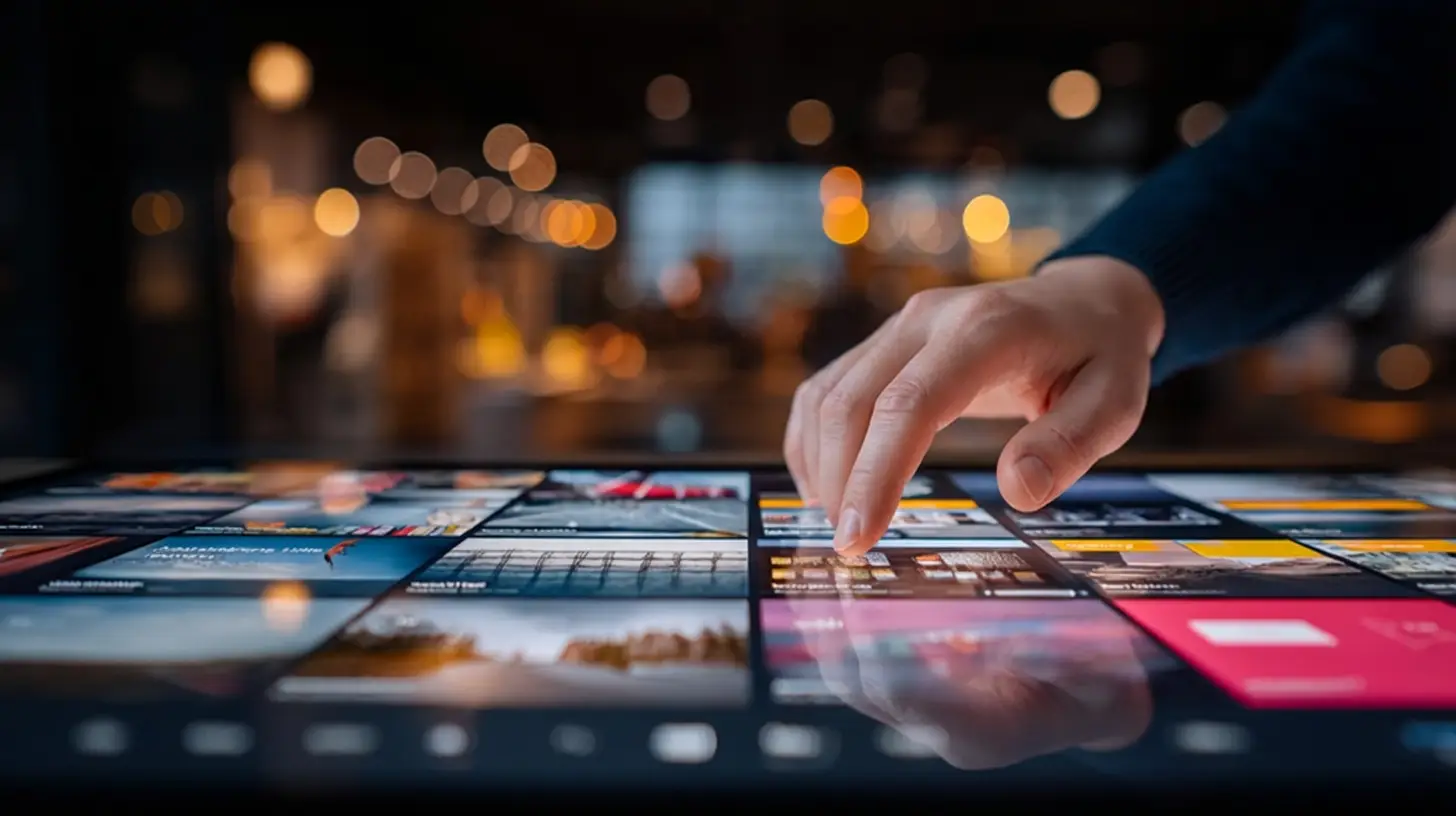 Content Masterplan mit Formaten und Themen Clustern, Hand wählt Content Bausteine auf digitalem Board für strategische Planung und Sichtbarkeit