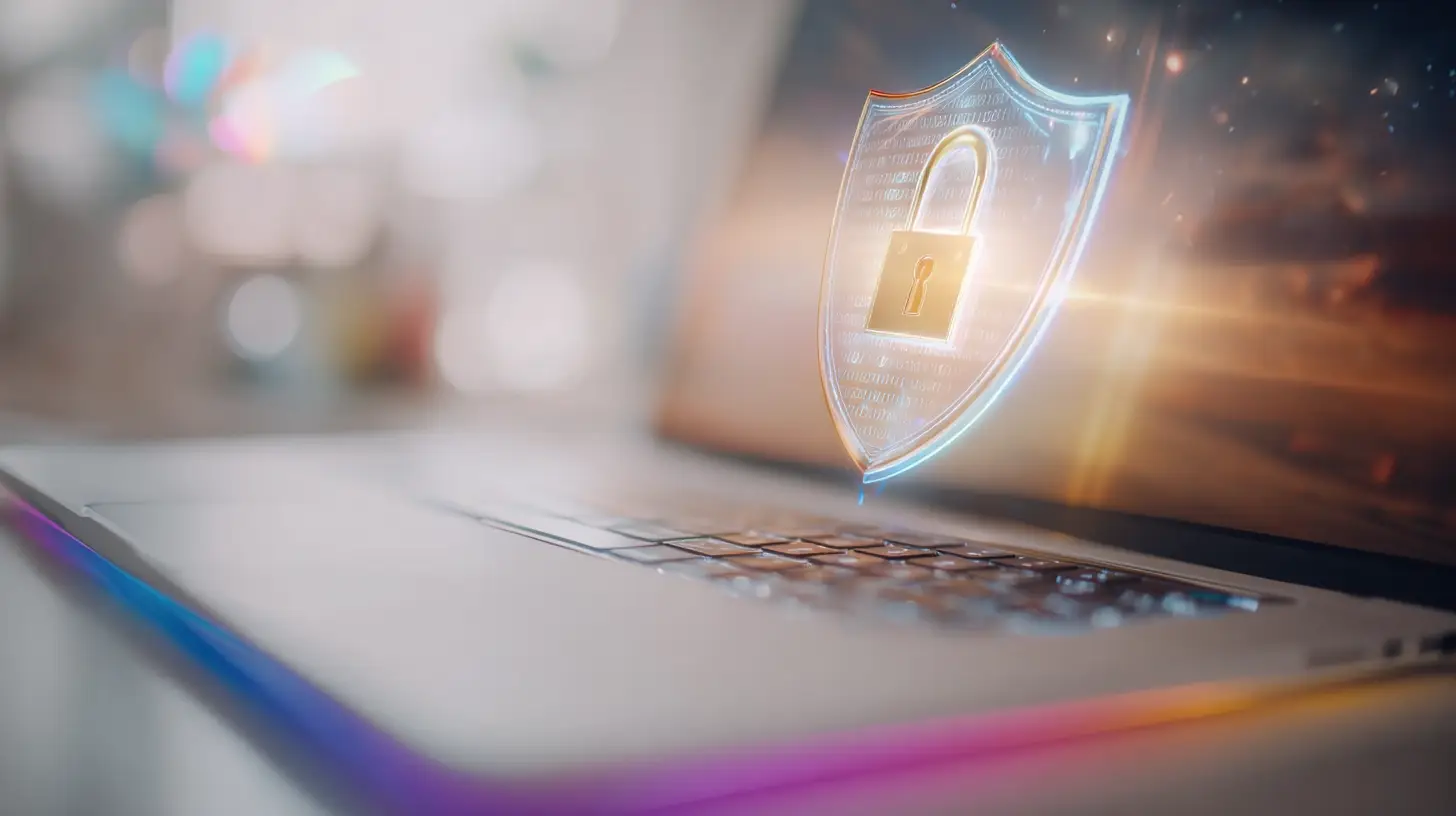 Laptop mit digitalem Schutzschild als Symbol für Sicherheitsmaßnahmen im Webdesign