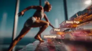 Website Architektur mit Homepage, Pillar und Money Page Struktur. Eine Frau läuft eine Treppe hoch.