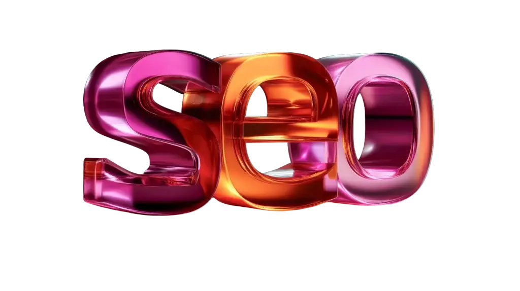 3D-Schriftzug SEO in metallischem Pink und Orange – Suchmaschinenoptimierung Agentur Lennestadt