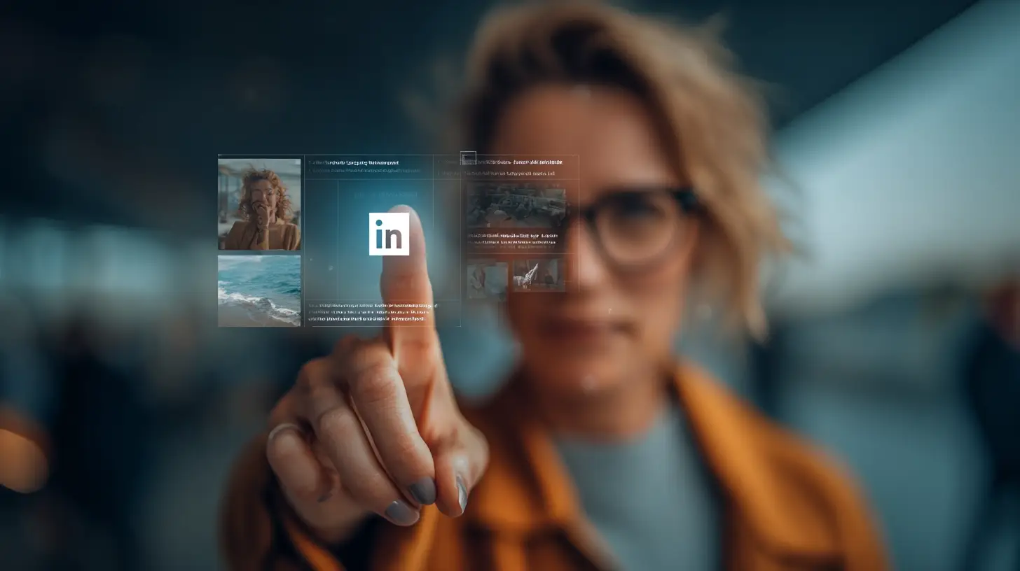 LinkedIn Algorithmus 2026 Content-Strategie visualisiert durch eine Frau die auf einen holographischen LinkedIn-Feed tippt und Beiträge nach dem neuen Algorithmus optimiert