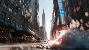 LinkedIn Algorithmus 2026 symbolisiert durch eine startende Rakete mit LinkedIn-Logo in einer Großstadt als Metapher für organische Reichweite durch den neuen Algorithmus