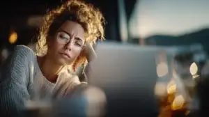 Unternehmerin im Kreis Olpe sucht auf dem Laptop nach lokaler Google-Sichtbarkeit