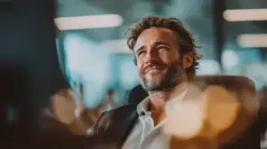 Unternehmer nach erfolgreichem Website-Relaunch zufrieden im Büro