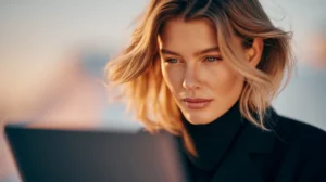 Geschäftsfrau analysiert LinkedIn Algorithmus 2026 auf Tablet, fokussierter Blick im Abendlicht, Symbolbild für strategisches B2B Content-Marketing