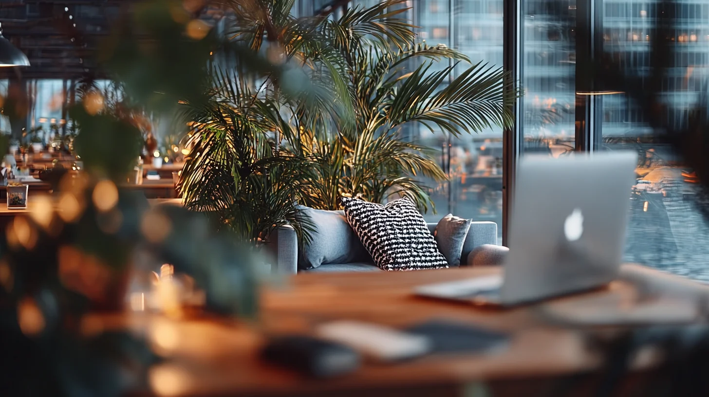 Moderne Arbeitsumgebung mit Laptop und Pflanzen als Symbol fuer zeitgemaesses B2B-Marketing und digitale Entscheidungsvorbereitung im Mittelstand