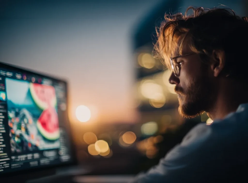 Online Marketing Agentur CremerMedia: Experte analysiert Kampagnendaten und SEO-Auswertungen am Bildschirm