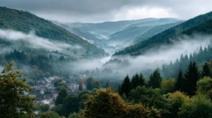 Neblige TallNeblige Tallandschaft im Sauerland mit kleinem Ort, symbolisiert regionale Verwurzelung und oft unsichtbare Staerke mittelstaendischer Unternehmen in Lennestadtandschaft im Sauerland mit kleinem Ort, symbolisiert die regionale Verwurzelung und oft unsichtbare Staerke mittelstaendischer Unternehmen in Lennestadt