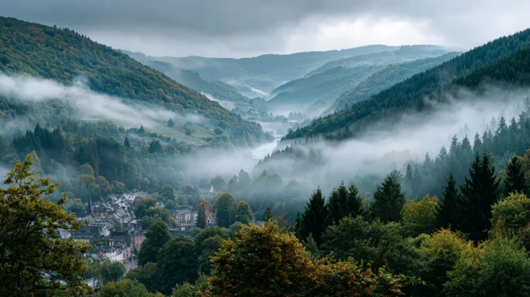 Nebel zieht durch ein bewaldetes Mittelgebirgstal, links unten liegt ein kleiner Ort zwischen den Bäumen