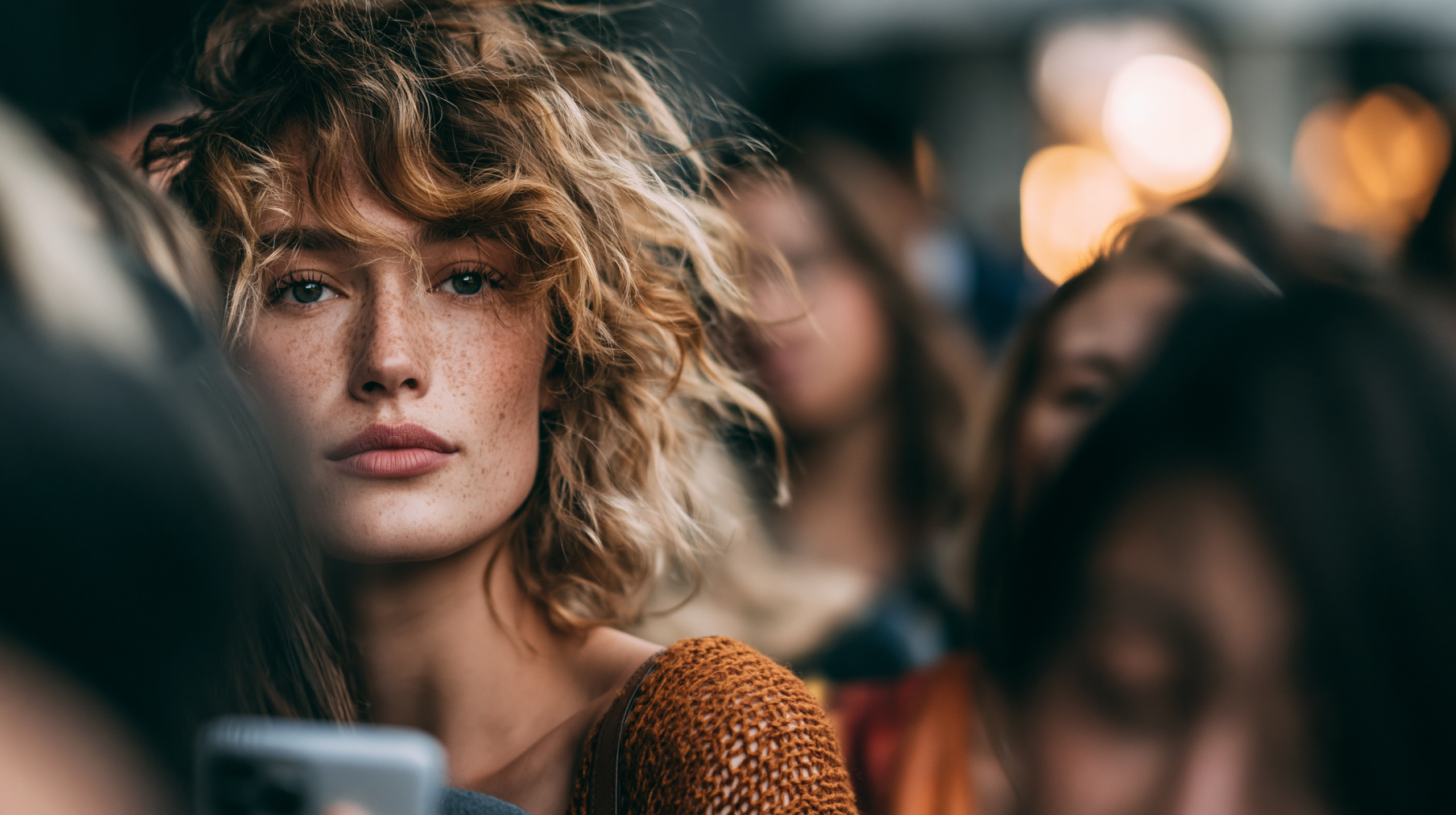 blonde Frau schreibt auf ihrem Handy eine Caption für ihren Instagram-Feed