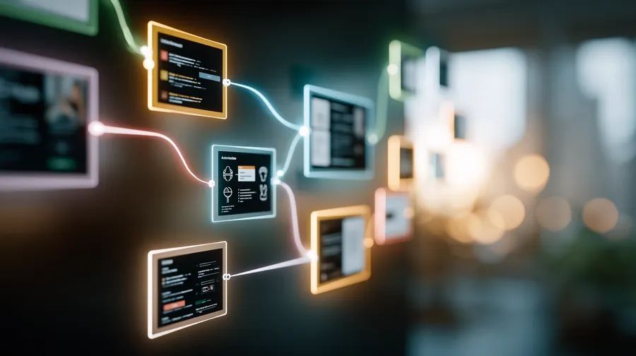 Automatisierung im Social-Media-Workflow: leuchtende KI-Karten bilden einen verbundenen Ablauf