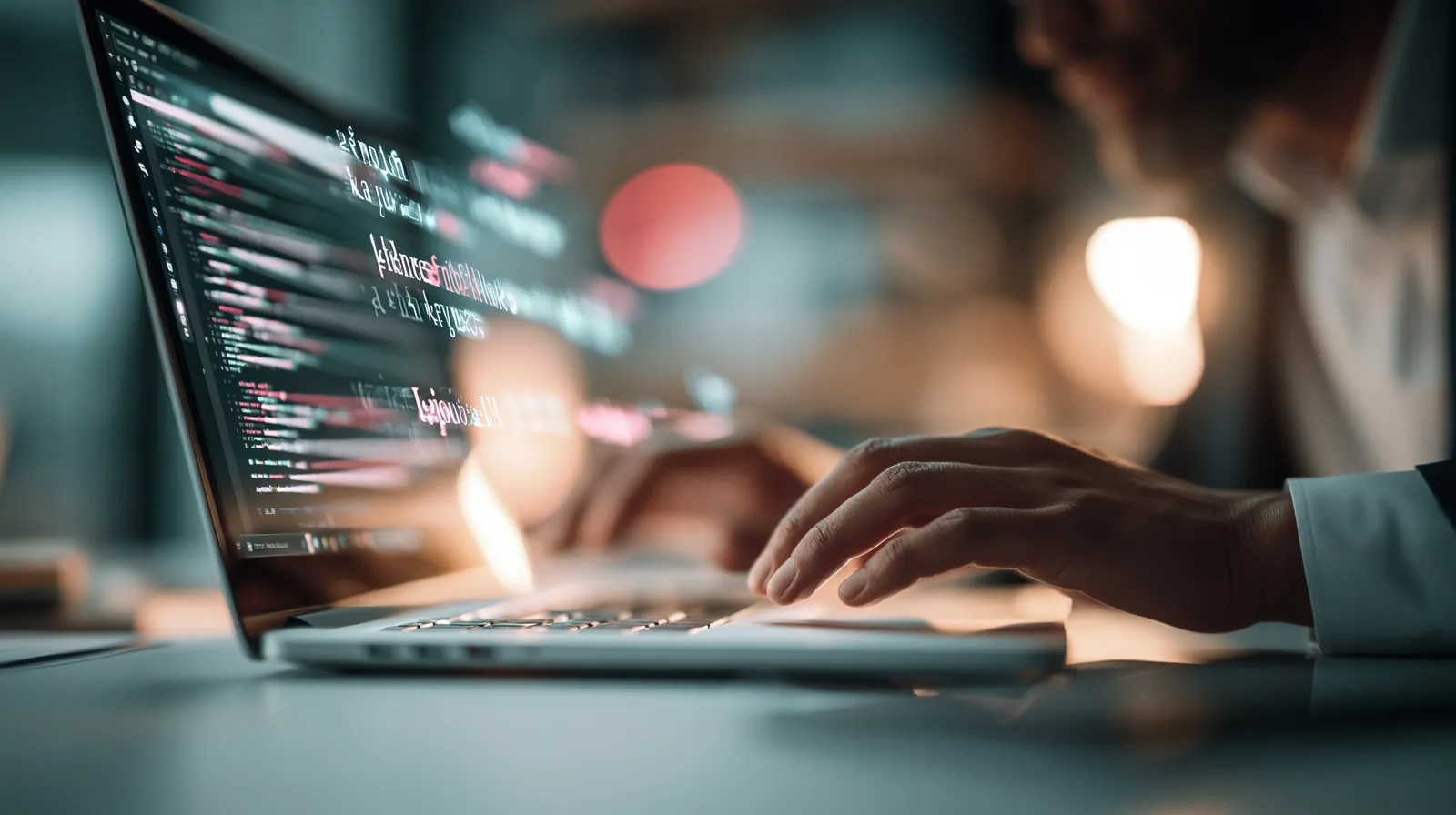 KI im Social-Media-Workflow: Hände tippen am Laptop, generierter Text schwebt über dem Bildschirm