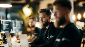 Junge Männer arbeiten in einem modernen Startup an Computern, Symbolbild für Social Selling im B2B