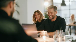 SEO-Agentur: drei Personen besprechen lachend ein Projekt am Laptop