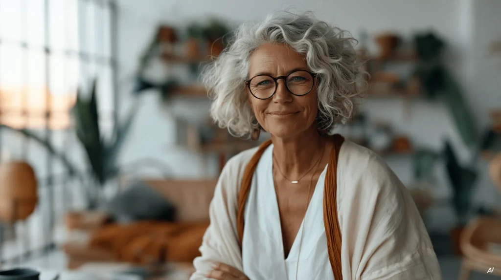 Ältere Frau mit grauen Locken, Brille und heller Leinenjacke lächelt freundlich