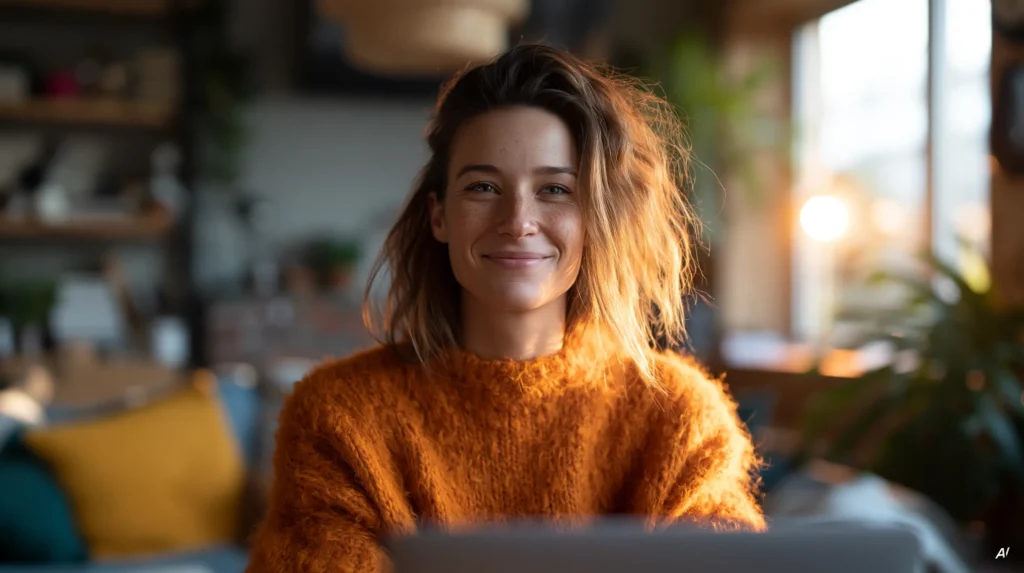 Lächelnde Frau in orangefarbenem Strickpullover sitzt vor einem aufgeklappten Laptop