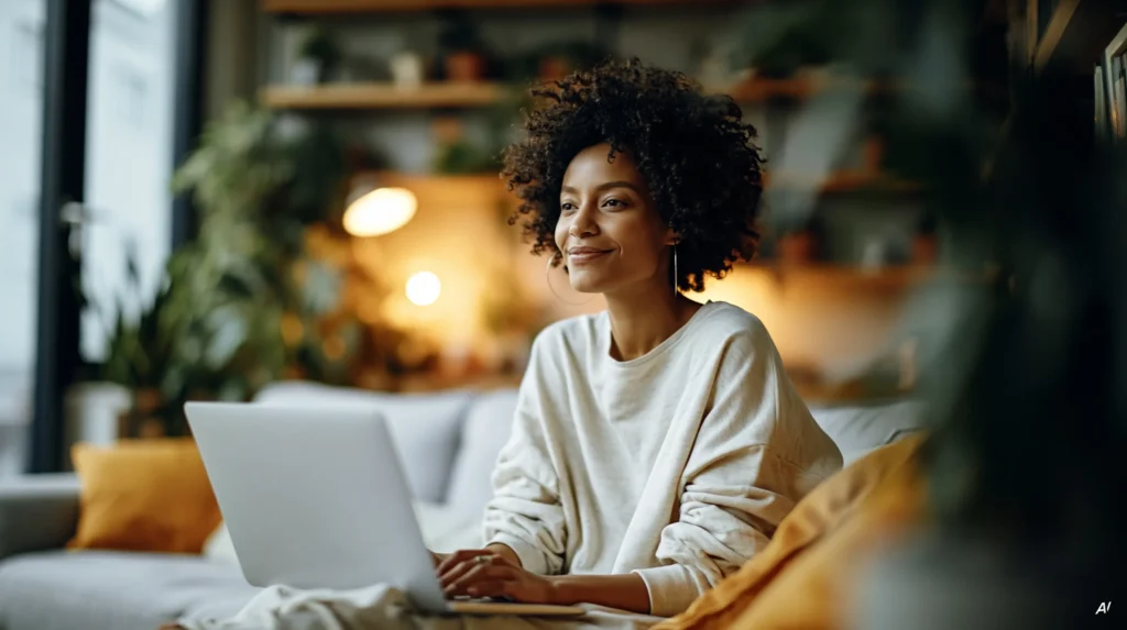 Lächelnde Frau mit Afro arbeitet am Laptop auf einem Sofa mit gelben Kissen