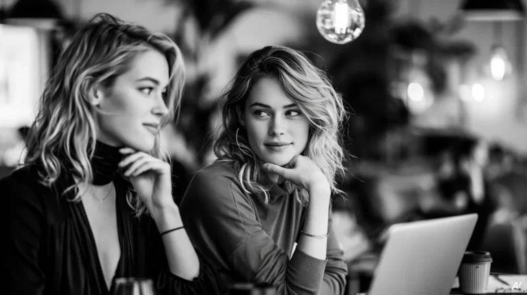 Zwei Frauen sitzen mit Laptop und Kaffee an einem Tisch und tauschen sich aus, in Schwarzweiß