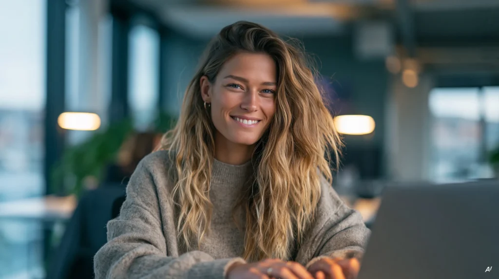 Frau mit langen blonden Wellen im beigen Strickpullover lächelt neben einem aufgeklappten Laptop