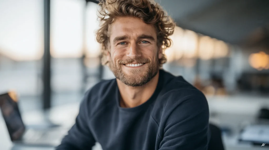 Mann mit blonden Locken und Bart im dunkelblauen Pullover lächelt aus der Nähe in die Kamera